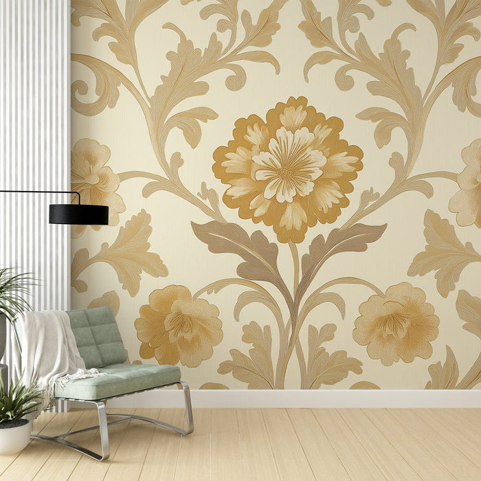 Foto Behang Bloemen | Gouden en Crème Patroon