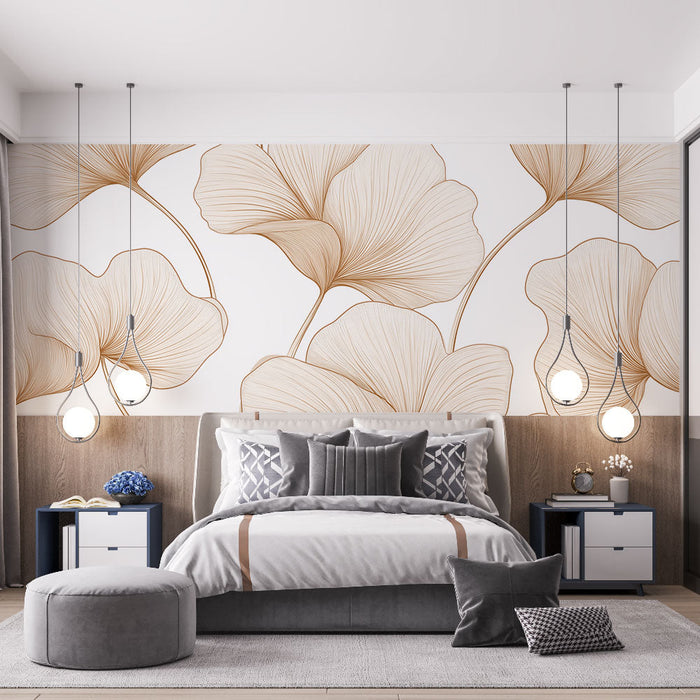 Mural Wallpaper Floral | Elegant Pattern of Stylized Leaves in Beige