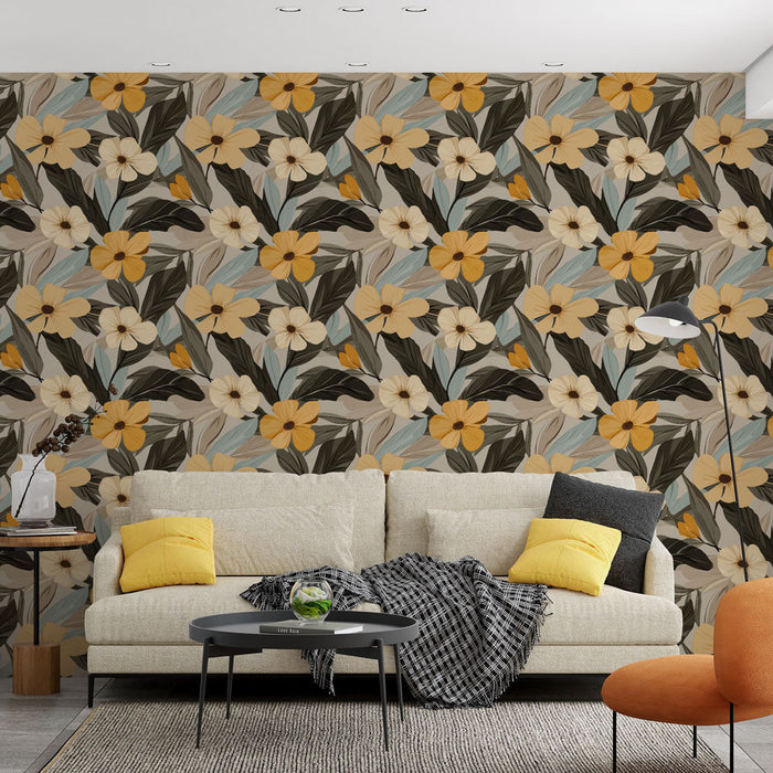 Çiçekli Duvar Kağıdı | Sarı çiçeklerin ve grafik yaprakların zarif deseni