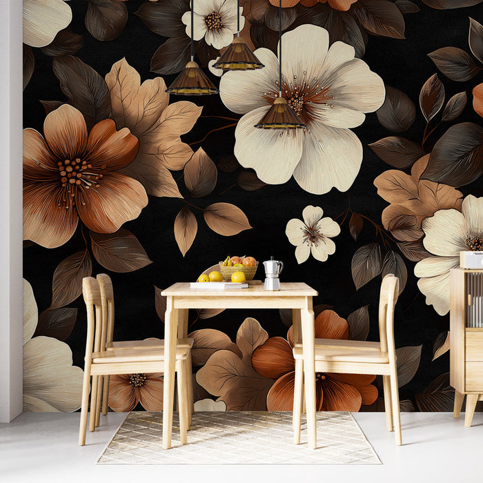 Papel pintado floral | Elegante patrón en tonos cálidos sobre fondo negro