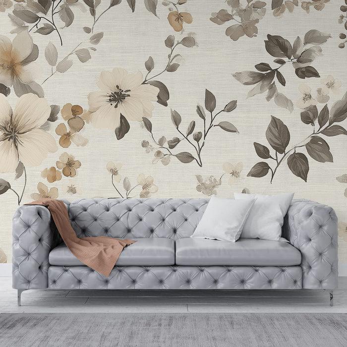 Papel pintado floral | Patrón elegante y suave sobre fondo crema