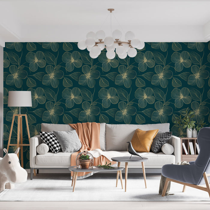 Bloemig Foto Behang | Schoon patroon van gouden bloemen op een diepgroene achtergrond