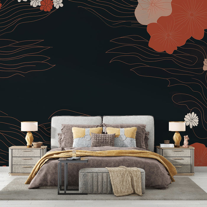Mural Wallpaper cvetlični | Cvetlični vzorec z valovi na črnem ozadju