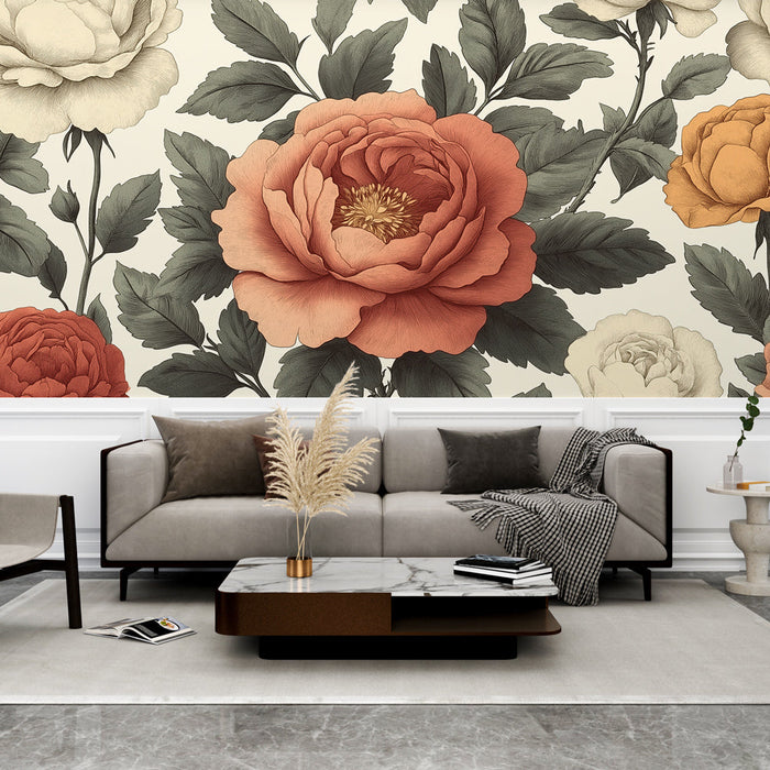 Mural Wallpaper floral | Lush pattern of colorful peonies