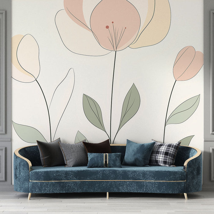 Mural Wallpaper floral | Minimalist pattern of pastel flowers