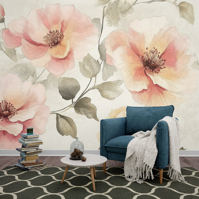 Mural Wallpaper floral | Pastel pattern of watercolor flowers