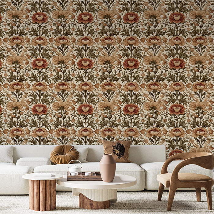 Tapete cvjetni zid | Bogati uzorak cvijeća u toplim tonovima na svijetloj pozadini