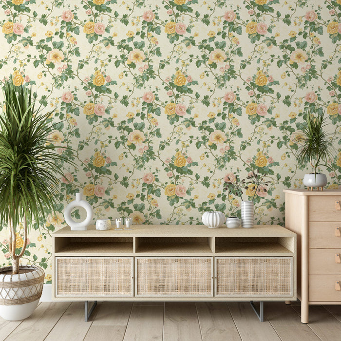 Foto Behang bloemen | Romantisch patroon van gele en roze rozen op een lichte achtergrond