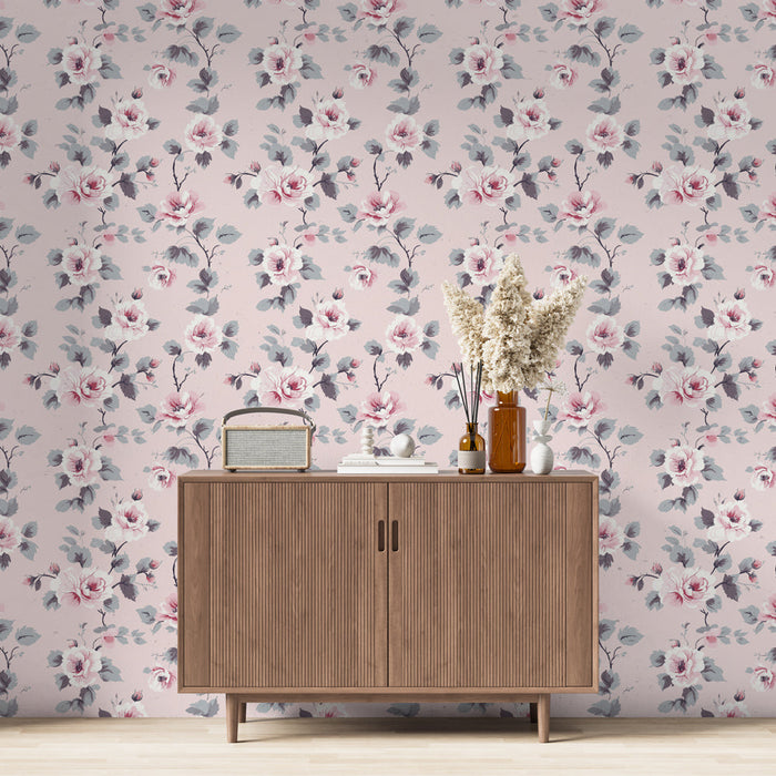 Tapete floral | Ρομαντικό μοτίβο τριαντάφυλλου σε αχνοροζ φόντο