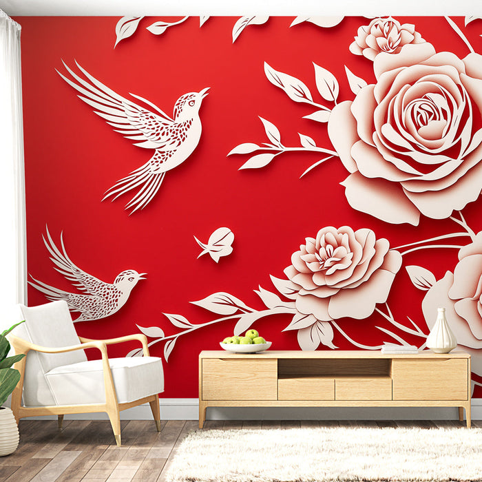 Papel de parede floral | Padrão de rosas e pássaros em relevo em fundo vermelho