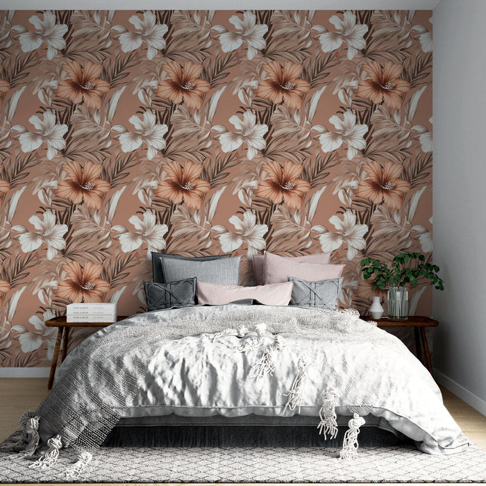 Tapete цветя | Тропически модел с оранжеви и бели цветя върху теракотен фон