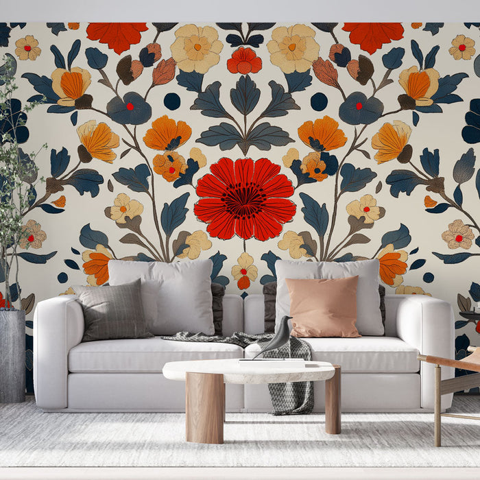 Mural Wallpaper floral | Elav mustriline värvikate lillede muster heledal taustal