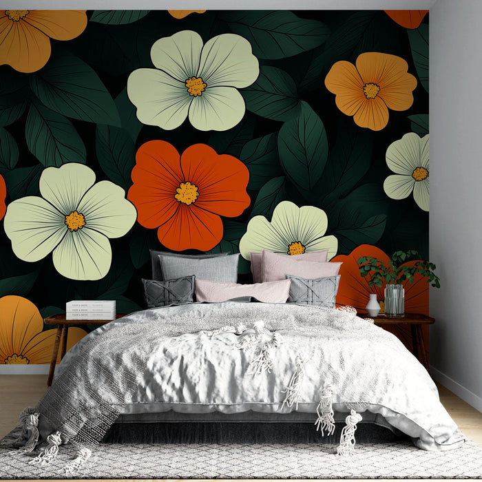 Mural Wallpaper floral | Levende mønster av blomster på svart bakgrunn