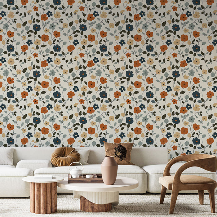 Tapete floral | Farbenfrohe Blumenmuster in Orange- und Blautönen