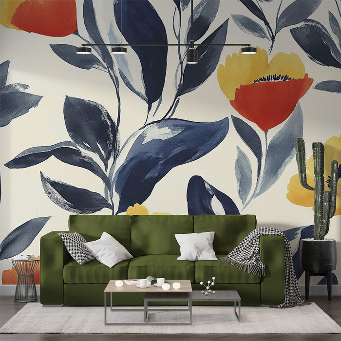 Papel pintado floral | Patrones coloridos de flores y follaje azul marino