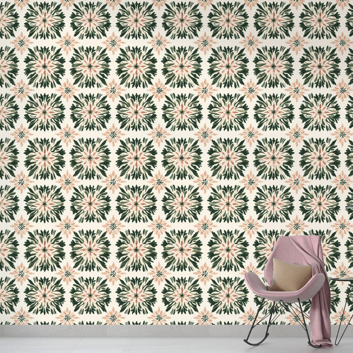 Carta da parati murale floreale | Motivi floreali in toni pastello e verde scuro