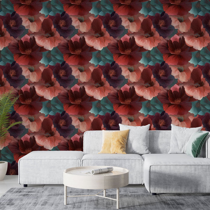 Λουλουδένιο ταπετσαρία τοίχου | Πολύχρωμα μοτίβα λουλουδιών με κόκκινες και μπλε αποχρώσεις