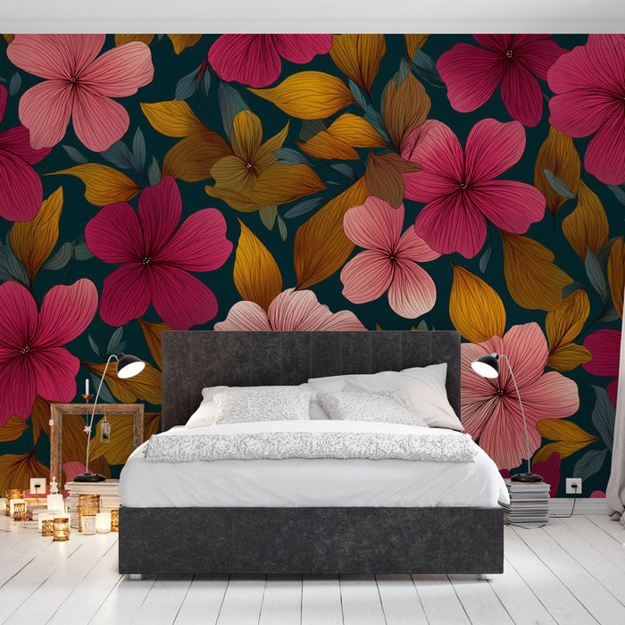 Bloemen Foto Behang | Kleurrijke bloemenpatronen op een donkere achtergrond