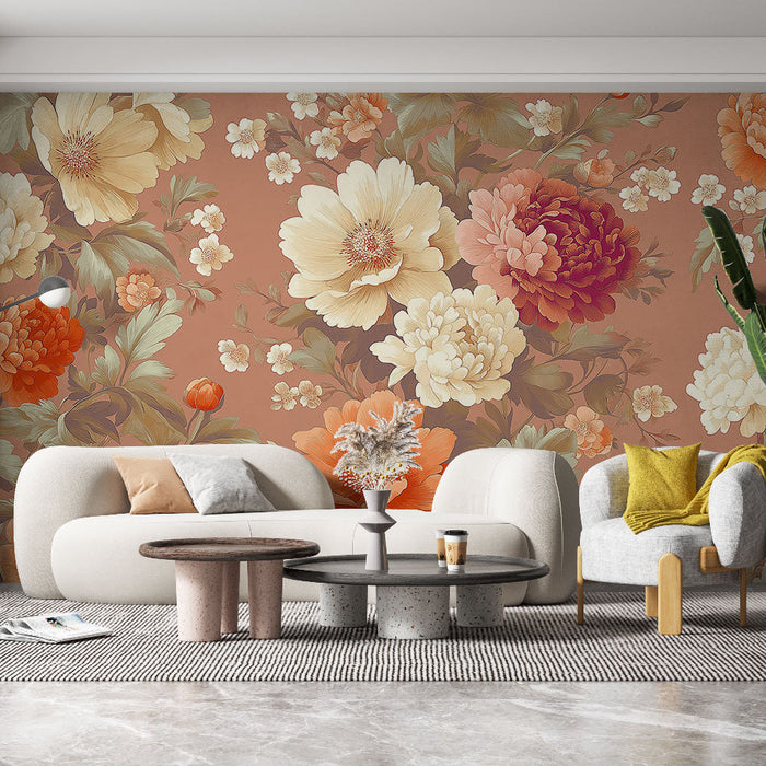 Mural tapet floral | Fargerike blomstermønstre på en rosa bakgrunn