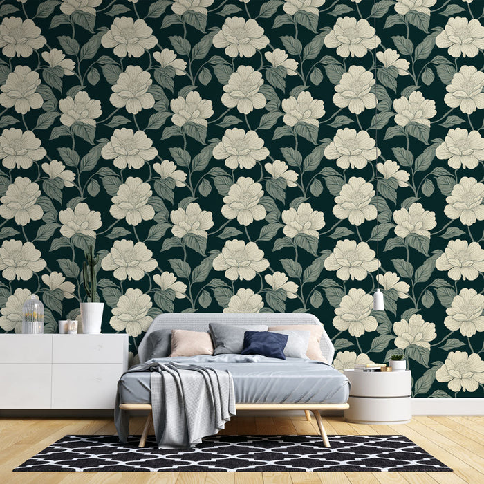 Papel de parede mural floral | Padrões de flores creme em fundo verde escuro