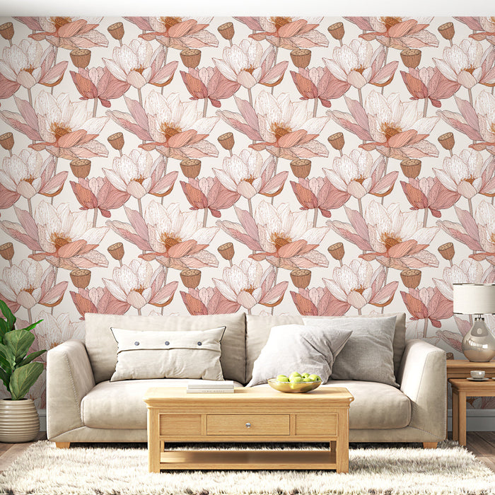 Fototapet med blommönster | Delikata blommönster i rosa och beige toner