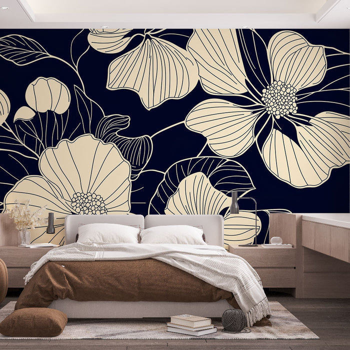 Mural Wallpaper floral | Delicate flower patterns on navy background