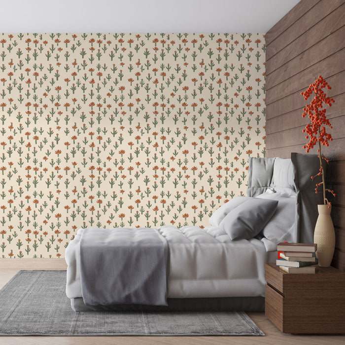 Cvetlična Tapeta | Vzorci cvetja in kaktusov na kremnem ozadju