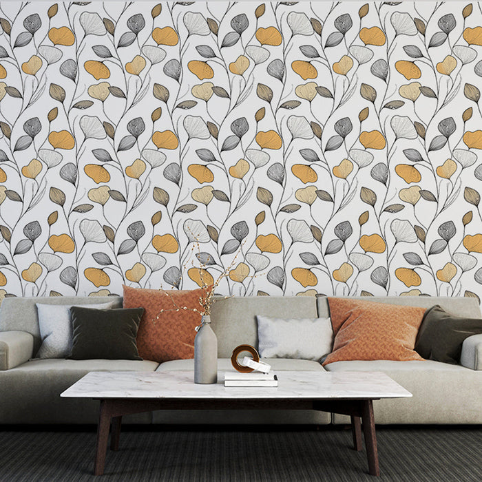 Papel de parede floral | Padrões de flores e folhas em tons de dourado e cinza