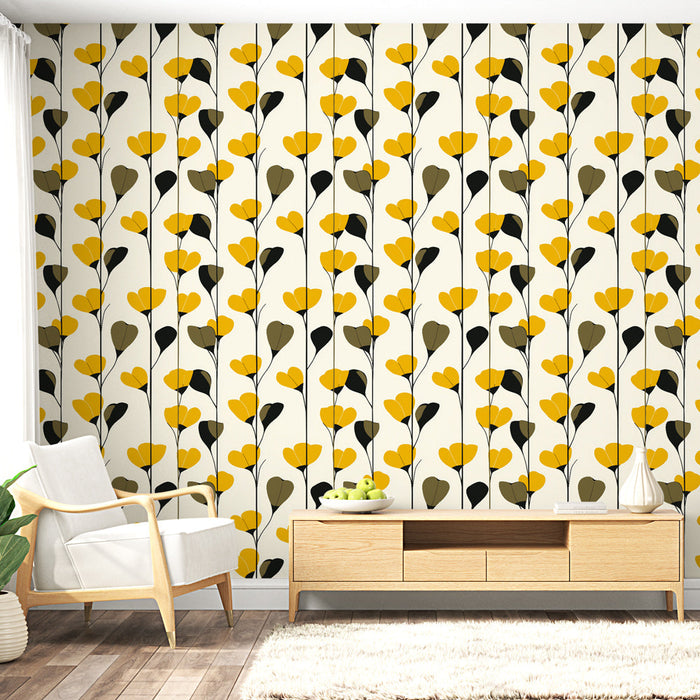 Fototapet çiçekli | Sarı çiçek motifleri ve stilize yapraklar
