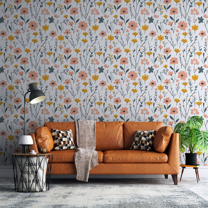 Florální Tapeta | Pastelové květinové vzory na bílém pozadí