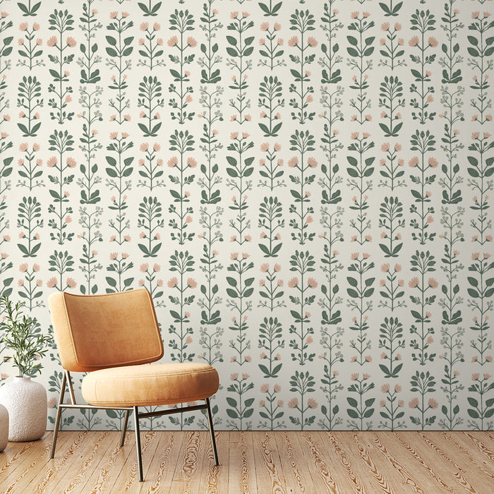 Fototapet floral | Pembe çiçek desenleri ve açık arka plan üzerinde yeşil yapraklar