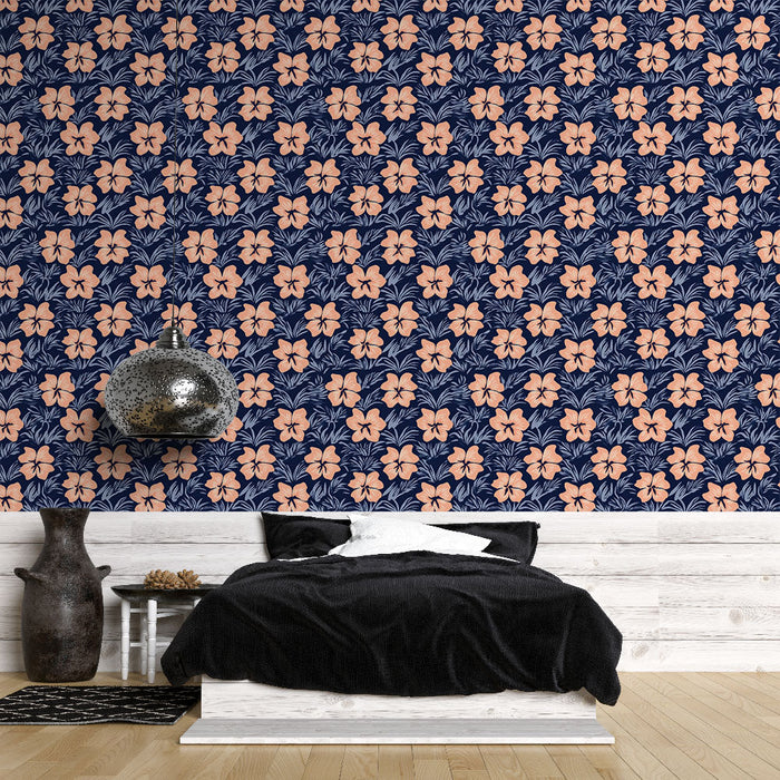 Tapeta cvetlični vzorec | Rožnati vzorci na polnočno modrem ozadju