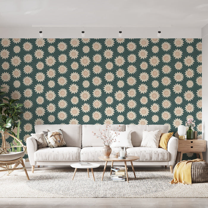Carta da parati murale floreale | Motivi floreali stilizzati su sfondo verde