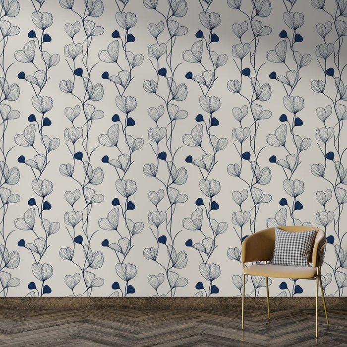 Флорален тапет | Елегантни цветя и листа в синьо на светъл фон