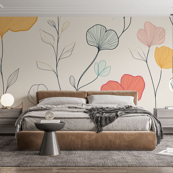 Fototapet çiçekli | Nötr bir arka plan üzerinde narin çiçek desenleri