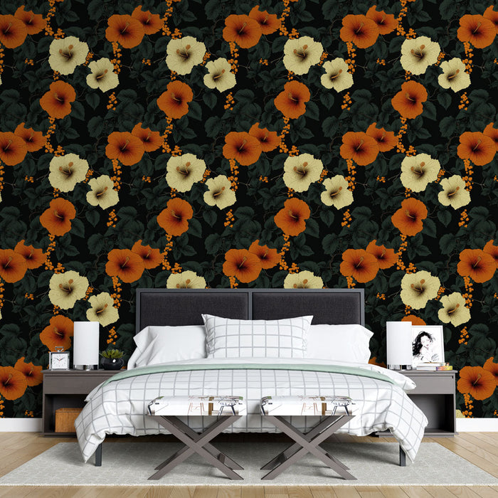 Virágos többszínű Tapéta | Narancssárga és krémvirágok fekete háttéren