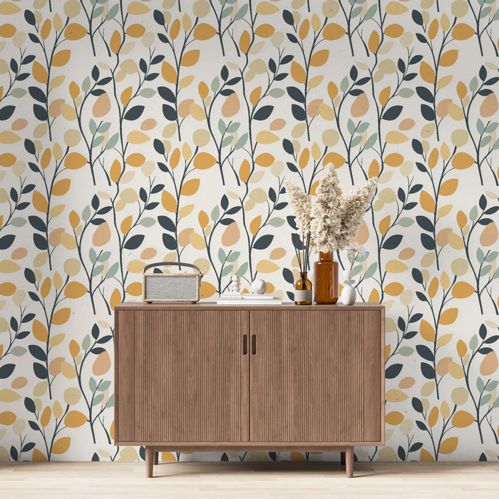 Fototapet cvjetni višebojni | Uzorak lišća i bobica u toplim tonovima