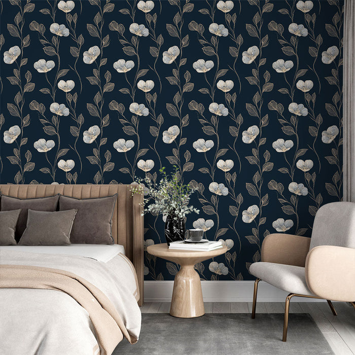 Mural Wallpaper floral navy | White flowers on a midnight blue background with delicate leaves