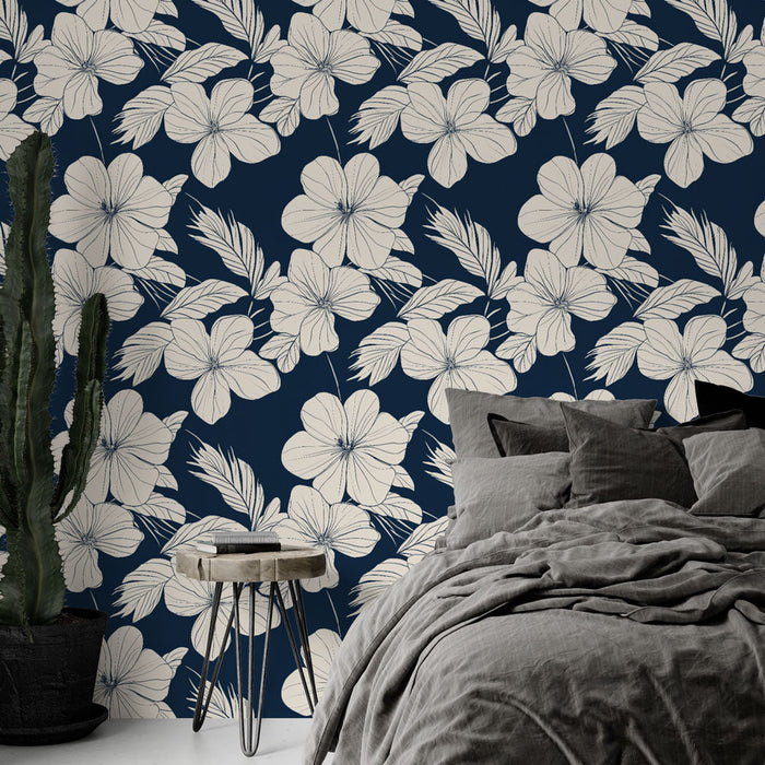 Mural Wallpaper floral navy | Elegant white flowers on a deep blue background