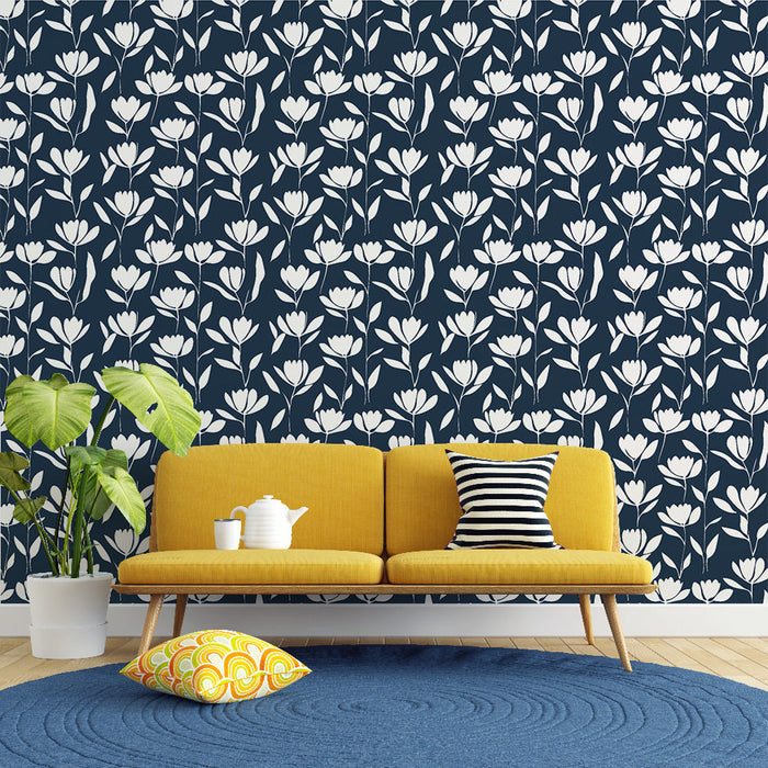 Mural Wallpaper floral navy | White flower pattern on a midnight blue background