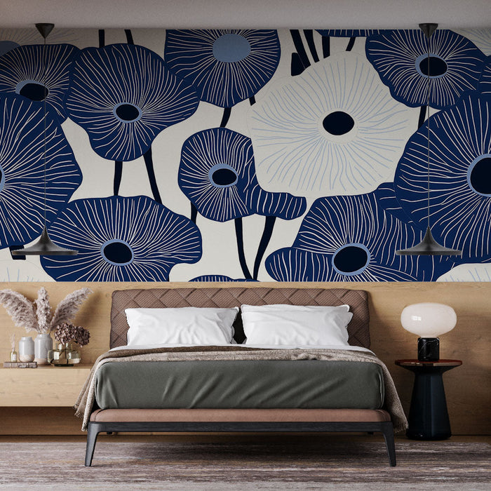 Mural Wallpaper floral navy | Pattern of stylized flowers in shades of blue and white