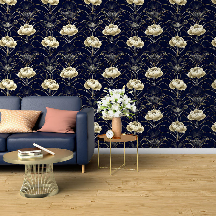 Tapete floral marineblau | Zarte Blumenmuster auf einem Mitternachtsblauen Hintergrund