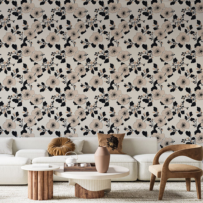 Tapeta kwiatowa czarna i beżowa | Delikatne wzory kwiatowe na jasnym tle