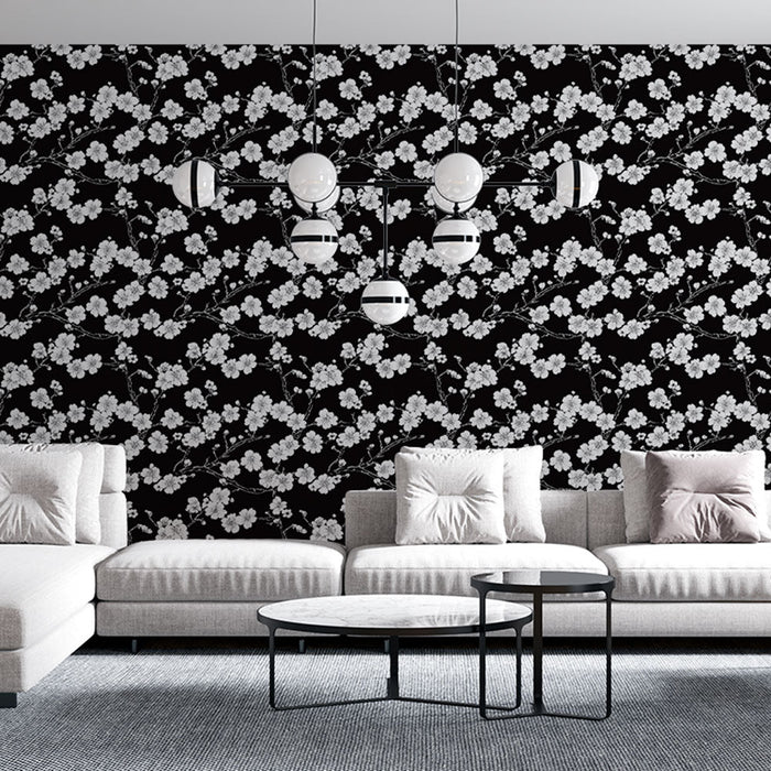 Fotótapé virágos fekete-fehér | Finom virágágak sötét háttéren