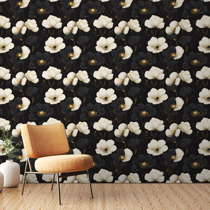 Tapet floral alb și negru | Sclipirea florilor negre și albe pe un fundal întunecat