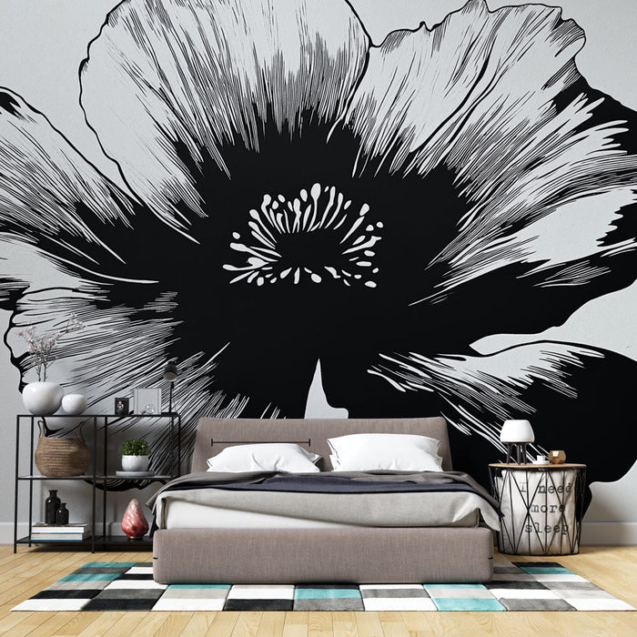 Mural Wallpaper svart-hvitt blomstret | Stor blomst i grafisk stil