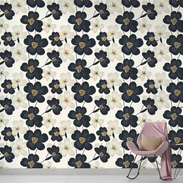 Fototapet blomst sort og hvid | Elegante blomster på en lys baggrund