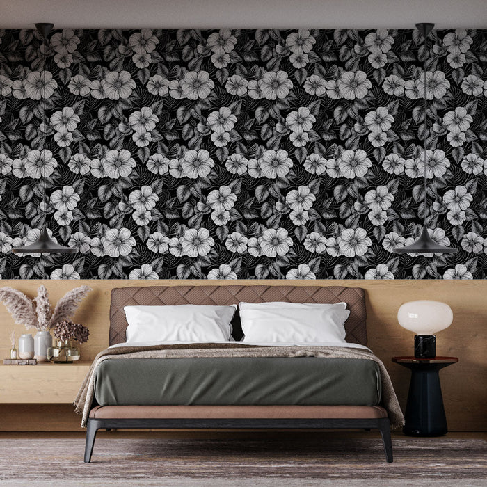 Mural Wallpaper floral black and white | Stylized flowers and foliage on a dark background