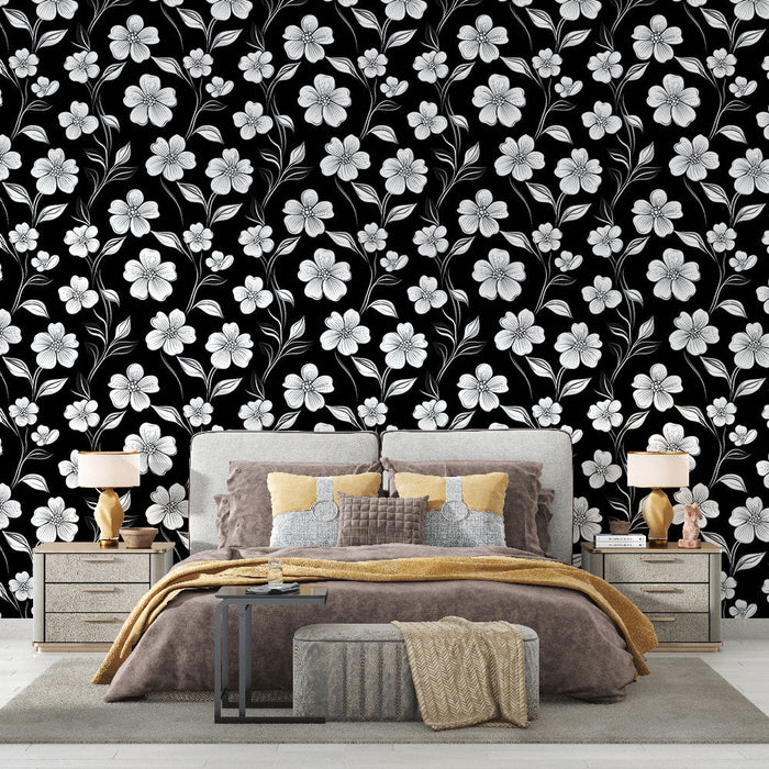 Fototapet cvjetni crno-bijeli | Bicolor uzorak bijelih cvjetova na crnoj pozadini