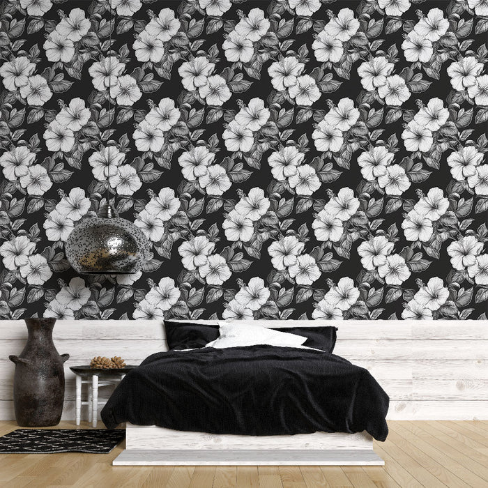 Tapeta z kwiatowym motywem czarno-białym | Szczegółowy wzór hibiskusa na ciemnym tle